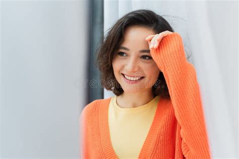 Portrait Of Joyful Young Woman Smiling Stock Image Image Of White