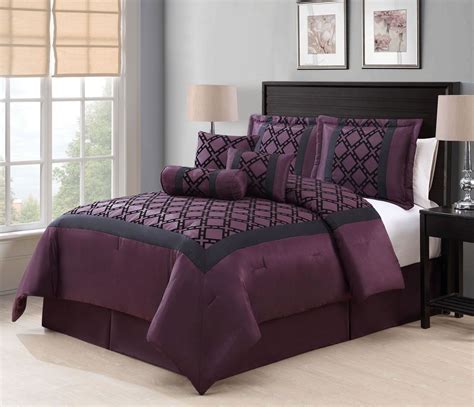 7 Piece Queen Elmery Plumblack Flocking Comforter Set With Images Comforter Sets Plum