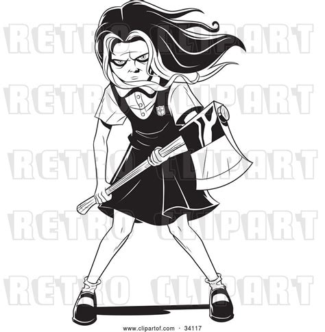 Vector Clip Art Of Retro Evil Young School Girl With Her Hair Waving In