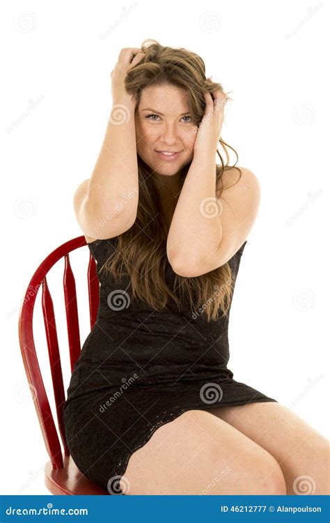 Woman Black Dress Sit On Chair Hands Hair Stock Image Image Of