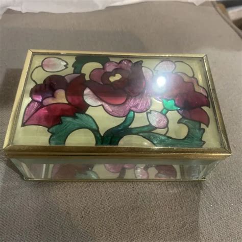 Vtg Stained Glass Jewelry Trinket Box With Mirror Gold Trim Footed Floral Vanity 12 00 Picclick