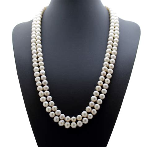 Long Pearl Necklace White Cultured Pearls 50 Beaded Necklace