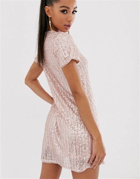Tfnc Stripe Sequin T Shirt Mini Dress In Pink And Silver Asos In 2020 Mini Dress Dresses