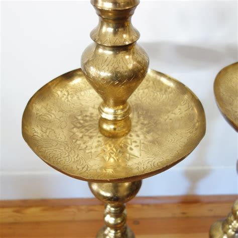 1960s Moroccan Brass Altar Candles Holders Pair Floor Pillar