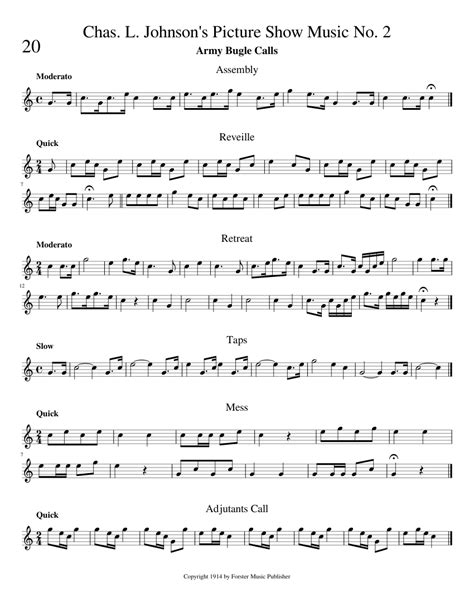 Army Bugle Calls 1914 Sheet Music For Piano Solo Easy