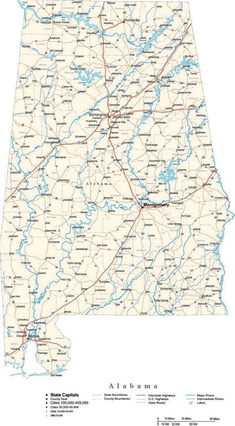 Alabama With Capital Counties Cities Roads Rivers And Lakes