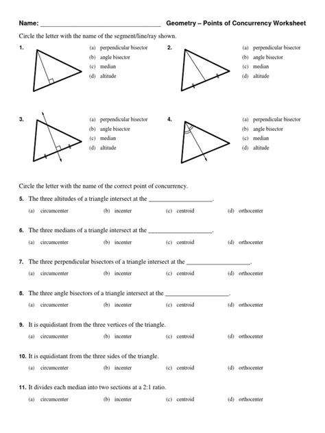 Learners investigate points of concurrencies, specifically, circumcenters and incenters, by constructing perpendicular and angle bisectors of in this geometry lesson, 11th graders use paper folding, interactive geometry software, and construction to investigate the points of concurrency. Worksheet Points of Concurrency