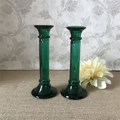 pair of emerald green glass candlestick holders green glass candle holders vintage green