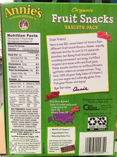 Annies Homegrown Organic Fruit Snacks Nutrition Facts Ingredients List