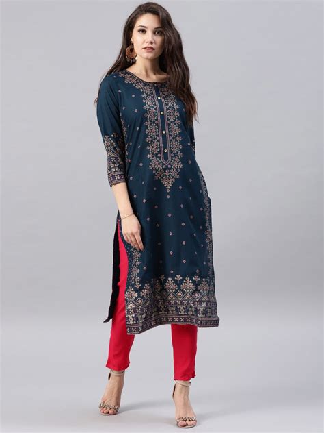 Vishudh Women Navy Blue Printed A Line Kurta In 2020 With Images