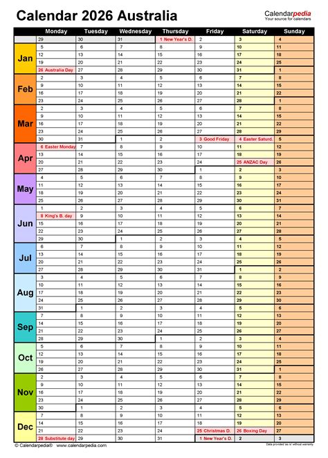 Australia Calendar 2026 Free Printable Excel Templates