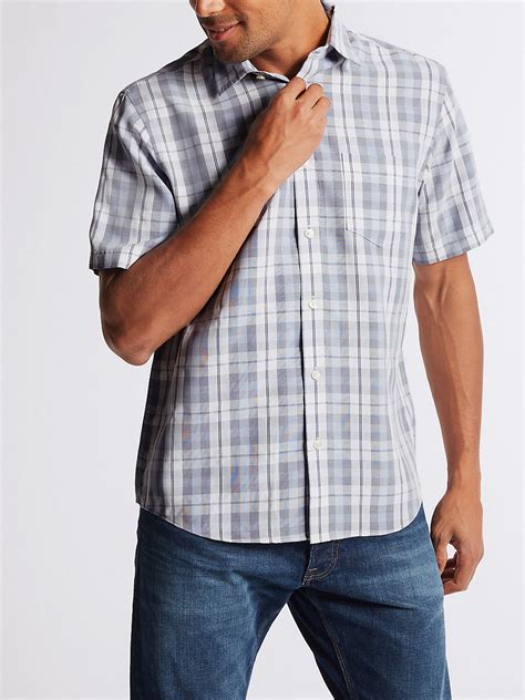Marks And Spencer Mand5 White Mens Pure Cotton Checked Short Sleeve