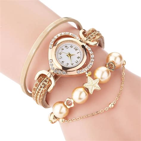 Women Vintage Shining Pearl Bracelet Dial Round Watch Female High