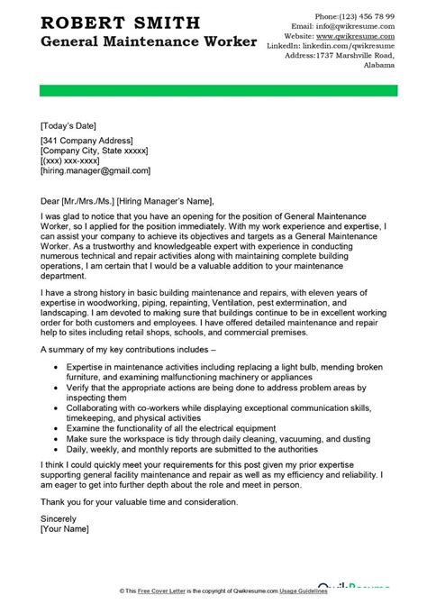 General Maintenance Worker Cover Letter Examples Qwikresume