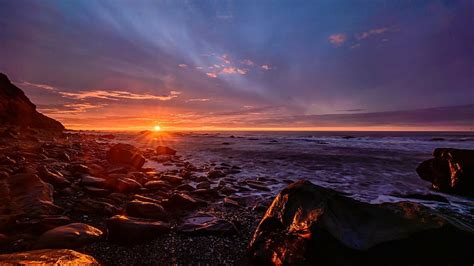 Ciel mer horizon Roche rive coucher de soleil eau côte océan côte ouest Fond d écran