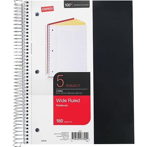 Staples 5 Subject Notebook 8 12 X 11 Wide Ruled 200 Sheets 12