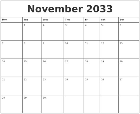November 2033 Printable Monthly Calendar