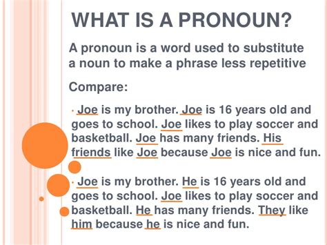 Because they act as substitutes for various nouns they have to form different categories depending on their use. Subject and object pronouns