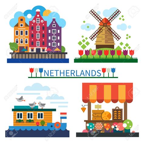 Welcome To Netherlands Windmill On Field With Tulips Old Houses Royalty Free Cliparts