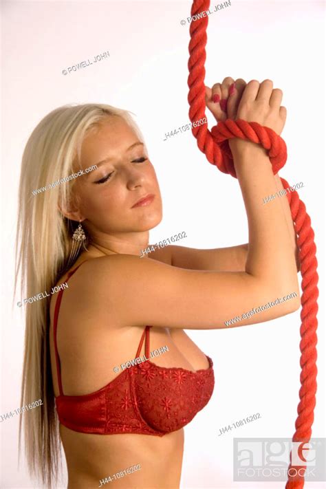 Woman Babe Blond Long Hair Tied Up Chains Rope Bondage Portrait Underwear Studio