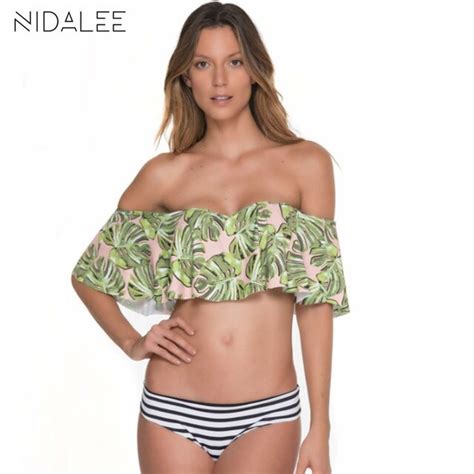 Nidalee Sexy Summer Woman Beach Swim Bikini Leaves Printing A Word Shoulder Coat Striped Swim