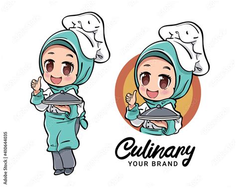 Vector Illustration Of A Cute Female Muslim Chef Carrying A Serving