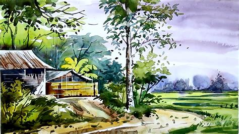 Village Scenery Watercolor Painting Watercolor Landscape House Paint