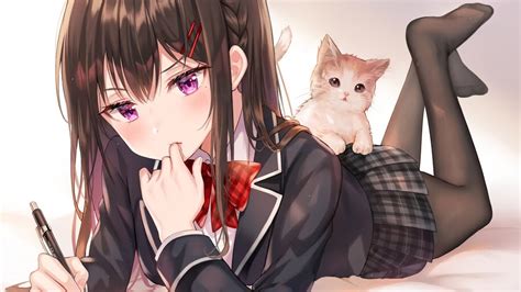 Anime Girl Studying Student Uniform Cute Cat 4k 4629 Wallpaper