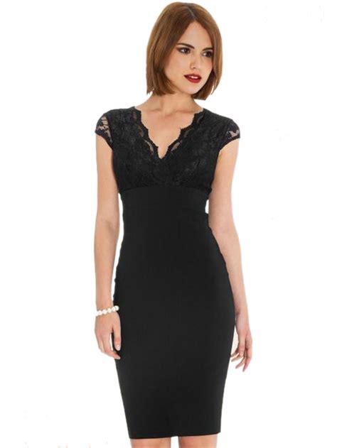Wrap Neckline Black Floral Lace Pencil Elegant Dress Cap Sleeve V Neck