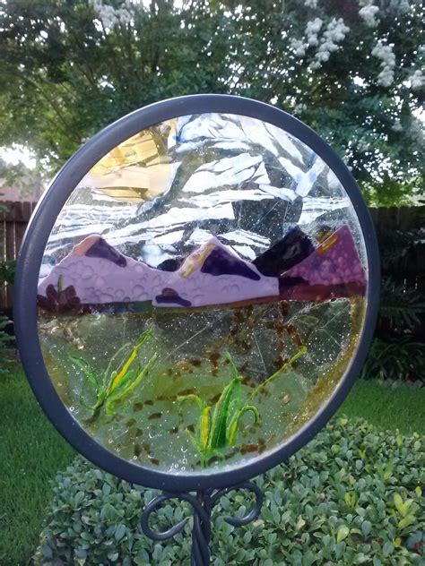 Fused Glass In Wrought Iron Stand Purple Mountains Majesty Yard