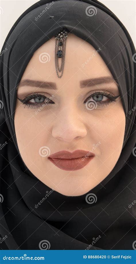 Blue Eyes Close Up Muslim Girl With Hijab Stock Photo Image Of