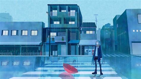 Anime Anime Girls Rain Umbrella City Catzz Scarf Hd Wallpaper