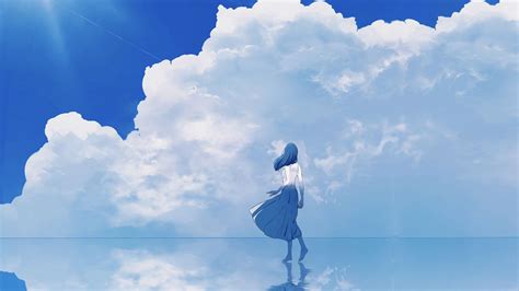 Wallpaper Girl Water Reflection Clouds Anime Art Blue Hd