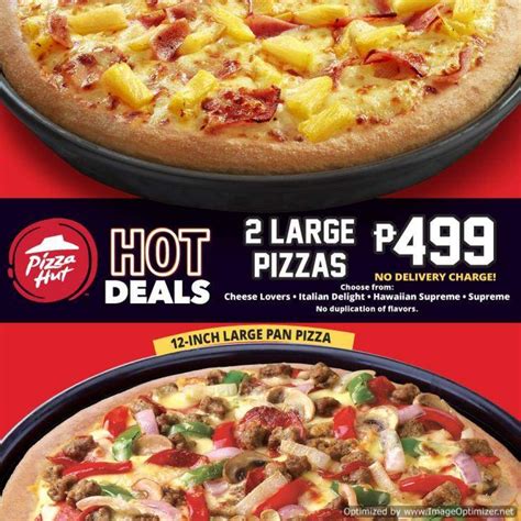 Time to share some pizza love with your favourite buy 1 free 1 pizza deal, only at pizza hut. Two (2) Large Pizzas for Php499 at Pizza Hut Hot Deals ...