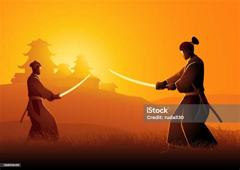 Ilustración De Dos Samuráis En Duelo Enfrentados En El Campo De Hierba