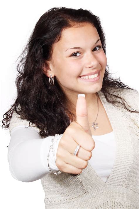 Smiling Woman Wearing White Beige Showing Thumbs Female Piqsels
