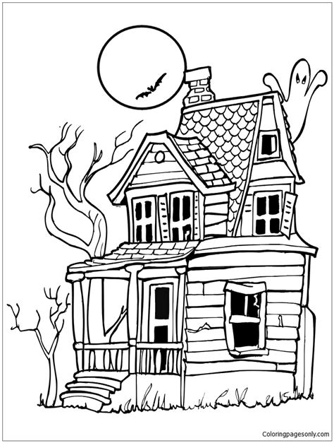 Gingerbread house candy coloring pages. A rickety house with a ghost, full moon and bat Coloring Page - Free Coloring Pages Online