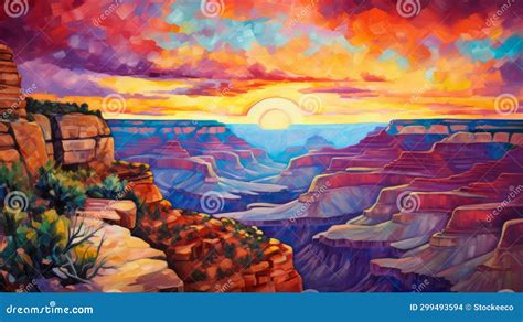 Vibrant Neo Traditional Oil Painting Of Grand Canyon At Sunset Stock
