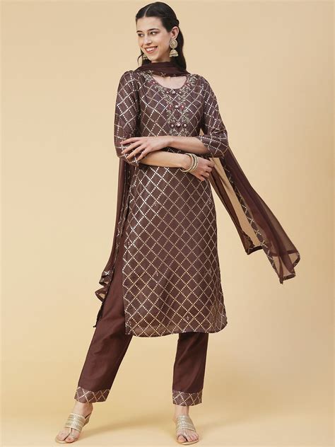 Buy Fashor Women Printed Sequinned Kurta With Trousers And With Dupatta