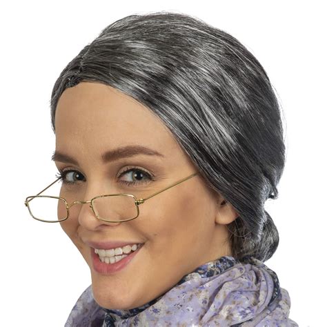 Old Lady Costume Set Grey Granny Wig And Fake Gold Rectangle Eyeglasses Grandma Set For Women