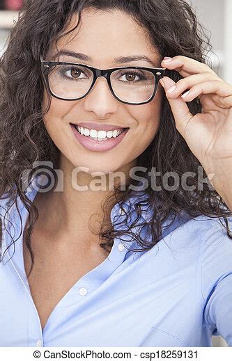 Woman Wearing Geek Glasses Smiling Happy Beautiful Young Woman Or