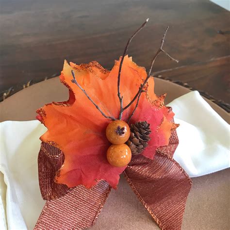 Napkin Ring With Orange Autumn Leaves Berries And A Pinecone Fall