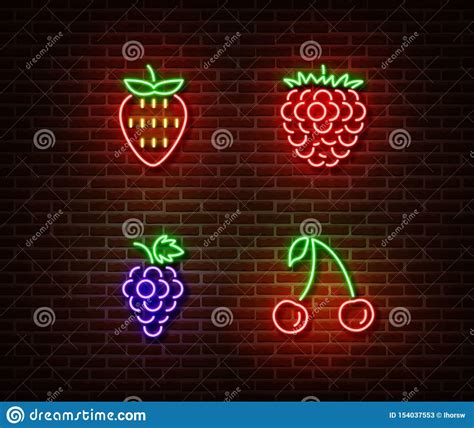 Neon Vegetables Berrys Signs Vector Isolated On Brick Wall Strawberry