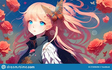 Cute Anime Girl With Blue Eyes Blond Pink Long Hair Roses Flowers Romantic Fantasy Character