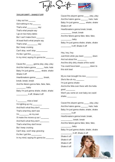 Taylor Swift Shake It Off Song And English Esl Worksheets Pdf Doc