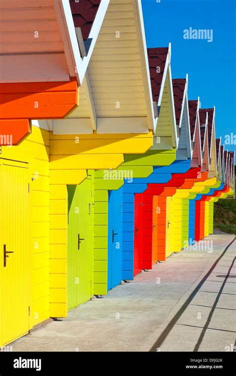 Rainbow Colored Beach Huts At Scarborough North Beach At North Sea