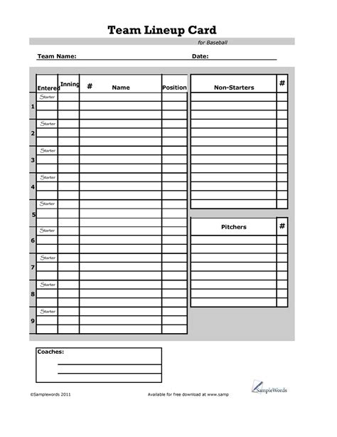 Free Printable Baseball Lineup Template Printable Templates