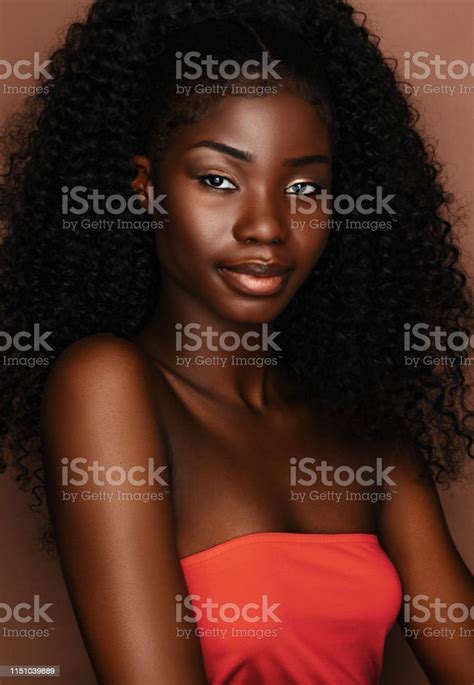 African Beautiful Woman Portrait Brunette Curly Haired Young Model With