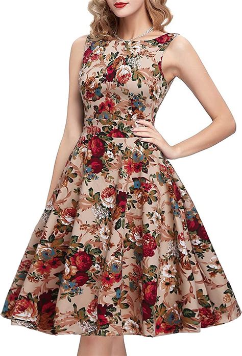 Ihot Vintage Tea Dress 1950s Floral Spring Garden Retro Swing Prom
