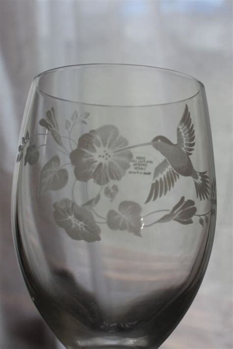 Avon Hummingbird Etched Crystal Wine Glasses W Frosted Stems Made In France 80s 90s Vintage